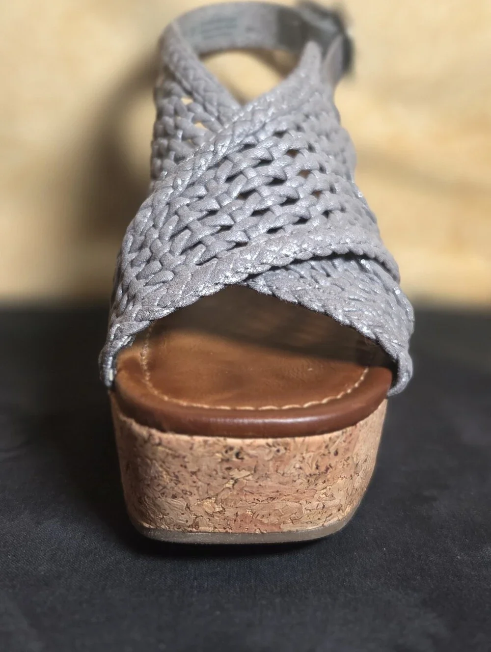 Blowfish Malibu Woven Cork Wedge Platform Sandals Metallic Pewter 6.5M